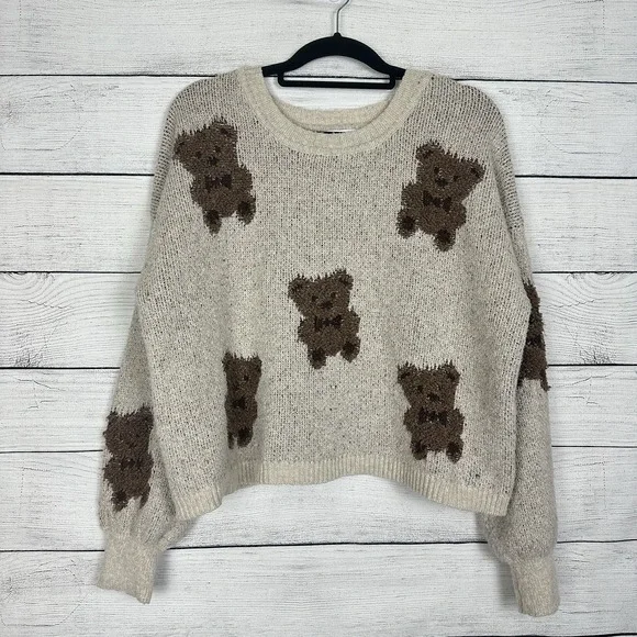 Oak+Meadow Anthro Teddy Bear Sweater Top Pullover Womens Sz Large Coquette Cozy - Picture 1 of 6